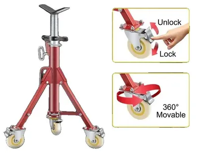 Productafbeelding van Opvouwbare buissteun, draagvermogen 400 kg, hoogte verstelbaar van 71 tot 131 cm, geschikt voor buizen met een diameter van 0,32 tot 30,48 cm, gemaakt van staal, mobiel met wielen