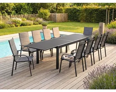 Produktbild von Gartentisch GARDEN PLACE Eve grau 140/280 x 90 x 75 cm mit Tischplatte aus Glas, pulverbeschichtetes Aluminiumgestell, A