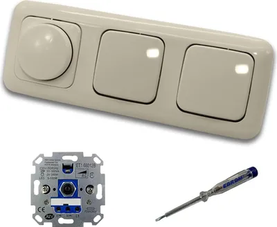 Produktbild von REV Ritter LED Drehdimmer Dimmer + Busch Jäger Dimmerscheibe 2115-212 und 2 x Lichttaster 2020 US in DURO2000 cremeweiß glänzend inklusive EBROM Phasenprüfer zur Montage der Geräte ET1 66012B