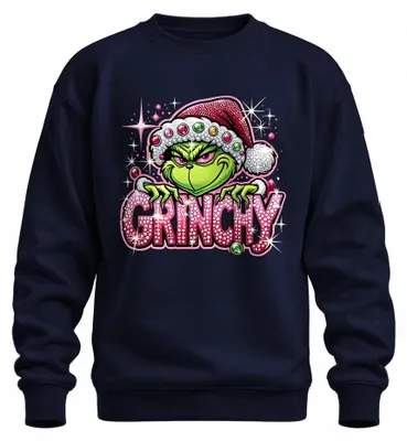 Imagen del producto de Sudadera con estampado navideño "Grinch", con detalles brillantes y color rosa, diseño divertido, apta para hombres y mujeres, color azul marino, talla M