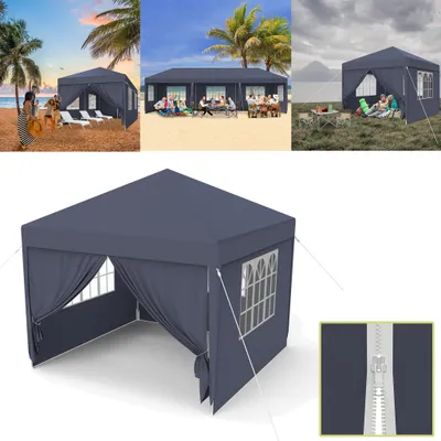 A collage of images showing a dark gray pop-up tent in various settings: on a beach, at a picnic, and in a grassy field. A close-up of a zipper is also shown.