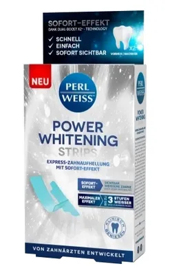 A product shot of Perlweiss Power Whitening Strips packaging, with marketing text and graphics.