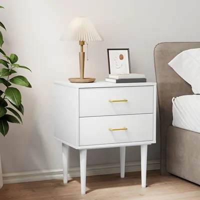 Productafbeelding van Nachtkast - Nachtkastje - Bedkastje - Slaapkamerkast - Bijzettafel - Modern Wit Design - 2 Ruime Lades