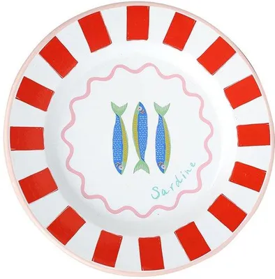 Productafbeelding van Azomor® Handgemaakt emaille serveerbord met vismotief, geschikt voor buiten en voor picknick