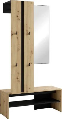 A compact hallway wardrobe with a mirror, coat hooks, and open shelves, presented against a white background.
