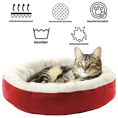 Produktbild von Katzenbett rund 55cm rot weiß Plüsch Hundebett Katzenkissen Haustierbett waschbar rutschfest kuschelig weich Schlafplatz Tierbett