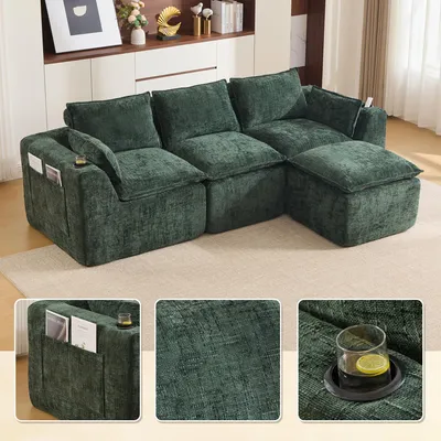 Image de Canapé modulaire LVHOM 3 places, tissu chenille, configuration en L avec porte-gobelets et poches latérales, grand canapé, 256 cm, vert