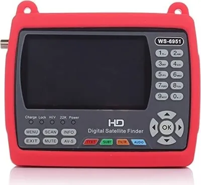 A digital satellite finder device with a red silicone case.