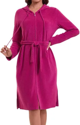 Produktbild von Unyqoos® Damenbademantel mit Kapuze & Reißverschluss – halblang, 80% Baumwolle/20% Polyester, Taillengurt, trocknergeeignet, für Zuhause & Wellness