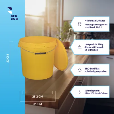 Produktbild von BenBow Eimer mit Deckel gelb, Anzahl:100, Farbe:Gelb, Größe:20L