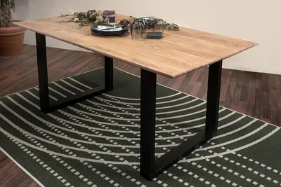 Produktbild von Esstisch 240x100 cm Atlanta, Akazienholz massiv + naturfarben, Esszimmertisch mit Schweizer Kante, U-Metallgestell Schwarz, massiver Holztisch, Tischplatte 26mm