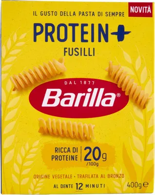 A box of Barilla Protein Plus Fusilli pasta.