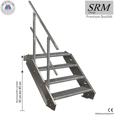 Immagine prodotto di scala in acciaio a 4 gradini su un lato. Larghezza ringhiera 100 cm Altezza pavimento 55-85 cm