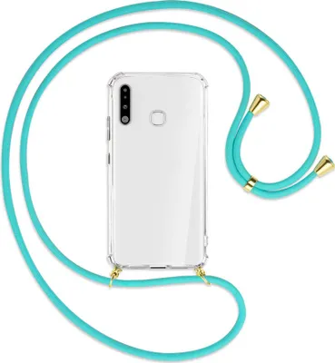 Produktbild von Handykette Backcover-Schutzhülle mit Band (Metall goldfarben) für Samsung Galaxy A70e - türkis