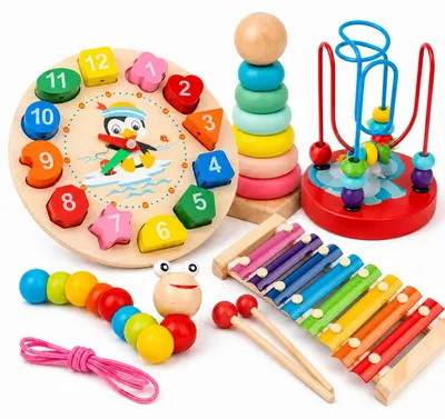 Obrázok produktu pre Drevené hračky edukačný set 5v1 xylofón hodiny labyrint pre deti od 3 rokov