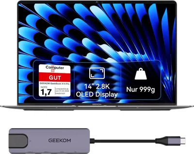 Produktbild von GEEKOM GeekBook X14 Pro Laptop, 999 g Ultraleicht, 14" 2.8K OLED, Ultra 9-185H, 32GB LPDDR5x RAM 7500MT/s, 1TB SSD, 2X USB4, Fingerprint 16 h Akku DE