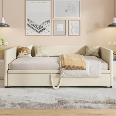 Zdjęcie produktu dla CDGlobal łóżko dzienne Łóżko dzienne 90x200/180x200cm, rozkładana sofa, łóżko dziecięce, łóżko młodzieżowe z kratą, łóżko dla gości z litego drewna, beżowe