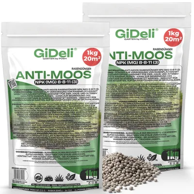 Produktbild von Anti-Moos Rasendünger 2kg NPK 8-8-11 Frühjahr Eisen Magnesium Garten GiDeli