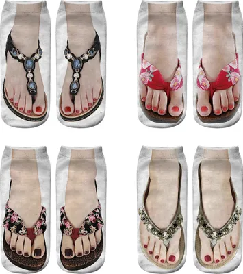 Produktbild von 4 Paar Lustige Flip Flop Maniküre -Drucksocken 3D -Muster Sandale gedrucktem Knöchel -Laufen Yoga