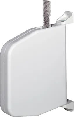 A white window blind cord winder with a gray cord attached, mounted on a white bracket.
