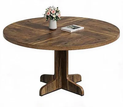 Obrázek produktu pro Jídelní stůl, kulatý, pro 4-6 osob, jídelní stůl o průměru 120 cm s dřevěnou podnoží, moderní kulatý jídelní stůl, úsporný kuchyňský stůl z dřeva v industriálním designu, styl venkovského domu, vhodný do jídelny a menších prostor