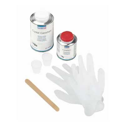 Produktbild von GLOREX 6 2101 500 - Crystal-Gießharz, ca. 150 g, passender Härter enthalten, 24-36 Stunden Aushärtezeit, transparent, mischbar, ideal zur Schmuckherstellung, für kreative Bastelarbeiten
