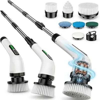 Obrázek produktu pro Elektrický čisticí kartáč – rotační čistič – důkladné čištění – nastavitelná rukojeť – 7 vyměnitelných hlavic – barva: černá