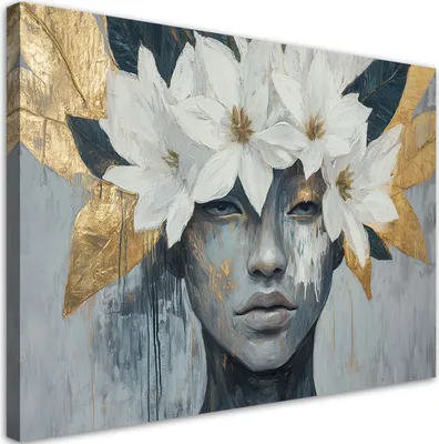 Produktbild von Leinwandbild Frau mit Blumen auf dem Kopf Grau Gold 90x60 Feeby Grau bild für die wand bereit zum aufhängen