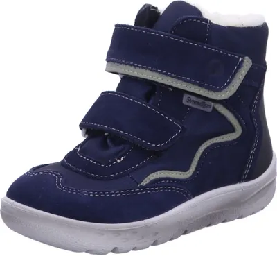 A single blue child's boot is shown against a white background.