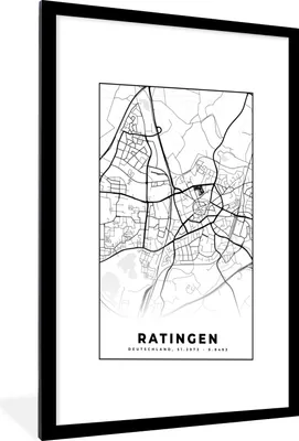 Produktbild von MuchoWow® Gerahmtes Poster Ratingen - Karte - Stadtplan 60x90 cm - Poster mit Schwarzem Bilderrahmen Wandposter Rahmen Foto Bilder - Dekoration - Wandposter Wohnzimmer - Hochwertig
