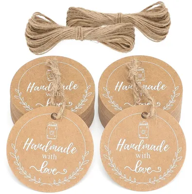 Productafbeelding van Cadeaulabel kraftpapier hanger - Rond - 5 cm - Jute koord 20 m - 100 stuks - Bruin