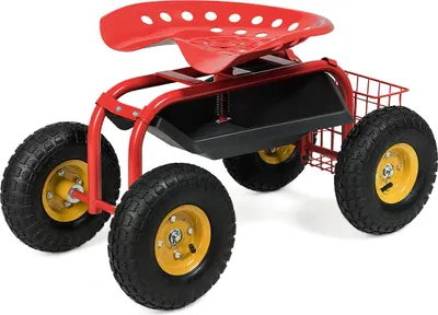 Produktbild von Rollbarer Gartenwagen, mobiler Arbeitswagen mit verstellbarer Höhe, um 360° drehbarem Sitz, Werkzeugablage & Aufbewahrungskorb, mit Rädern, Rot