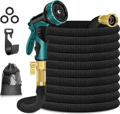 Produktbild von Famanu Gartenschlauch 50 Meter - 10 Funktionen Sprühkopf - Massiv Messing Anschlüsse - Flexibler Schlauch - Schwarz - 15 m