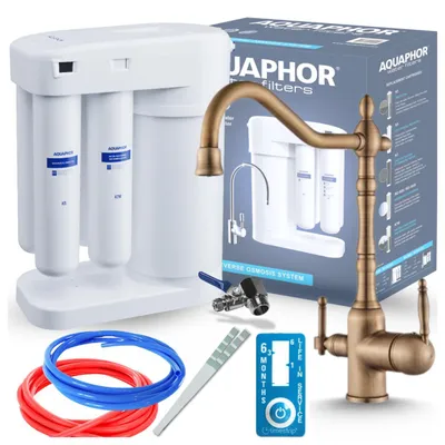 Produktbild von Aquaphor Morion Umkehrosmoseanlage Mit Ari Retro 2 3-Wege-Küchenarmatur Antik Messing, Wasserfilter Mit 5 L Tank, 190 L/Tag
