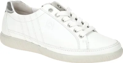 A single white sneaker shown from a side-diagonal angle against a white background.