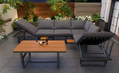 Produktbild von Gartenlounge-Set Akazienholz & Eisen, 3-tlg. Lounge-Gruppe höhenverstellbar mit Tisch, 2er-Sofas inkl. Polster, Grau