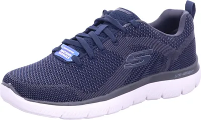 A single navy blue Skechers shoe is shown from a side angle against a white background.