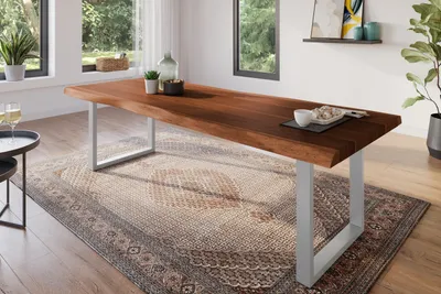 Produktbild von Esstisch 300 x 100 cm Akazie massiv nussbaum Baumkantentisch U-Gestell silber ATLAS
