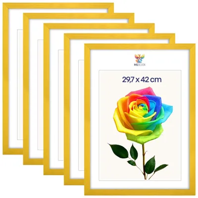 Produktbild von MG Design 5er Set Bilderrahmen Gelb A3 29,7x42 cm - Posterrahmen Echtholz mit Acrylglas, stabile Wandaufhängung, hoch/quer