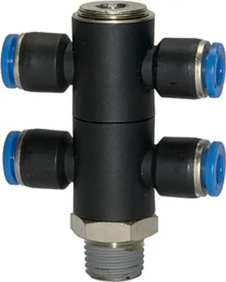Produktbild von Riegler T-Mehrfachverteiler »Blaue Serie«, 4-fach, drehbar, R 1/8 a. Ø 8mm