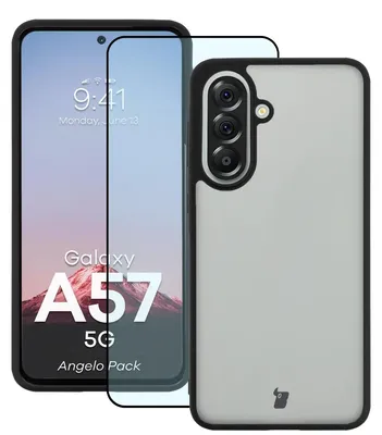 Produktbild von Schutzhülle + gehärtetem Glas Bizon Angelo Pack für Galaxy A57 5G, Getönte mit schwarzem Rahmen