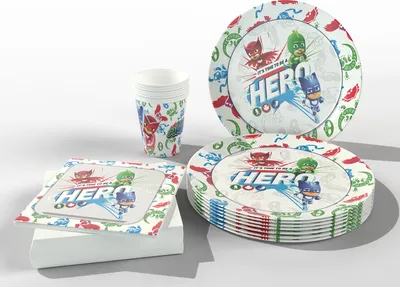 A set of disposable party supplies featuring PJ Masks characters.