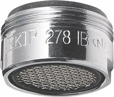 A close-up studio shot of a chrome faucet aerator with a mesh screen.