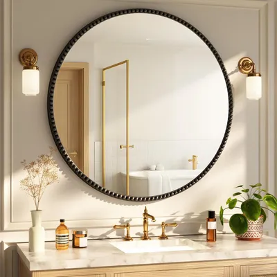 Productafbeelding van Spiegel voor aan de muur, rundermodel, 60 cm, met zwarte Polyurethanparelrand, retro design, geschikt voor de badkamer