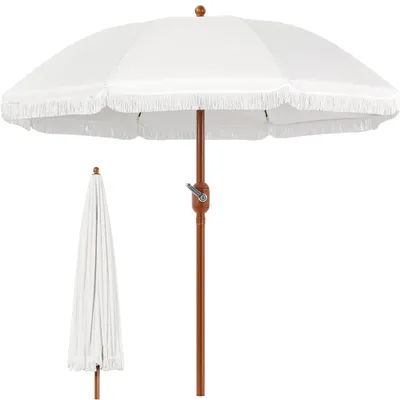 A white umbrella is shown open, with a closed umbrella in the background.