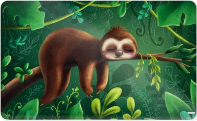 A cartoon sloth sleeping on a tree branch surrounded by lush green foliage.