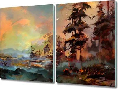 Produktbild von Coloray Schneidebrett Herdabdeckplatte 2x40x52 cm Kochplattenabdeckung Hackbrett Küchenbrett - Malerei Dorf Baum nach oben