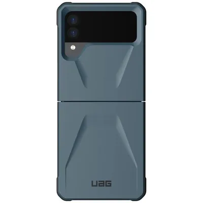 A blue flip phone case is shown against a white background.