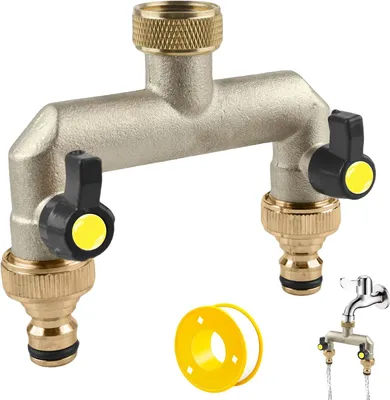 Immagine prodotto di Distributore d'acqua a 2 uscite, in ottone da 3/4 di pollice, con valvole a sfera, per tubi da giardino