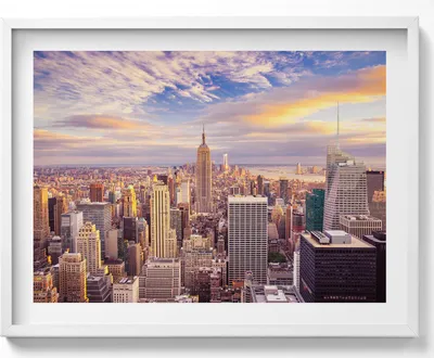 Produktbild von Sonnenuntergang in New York– Wandbild mit Rahmen – Gerahmtes Bild  – Wanddekoration – 80x60 cm –  Weiß Rahmen
